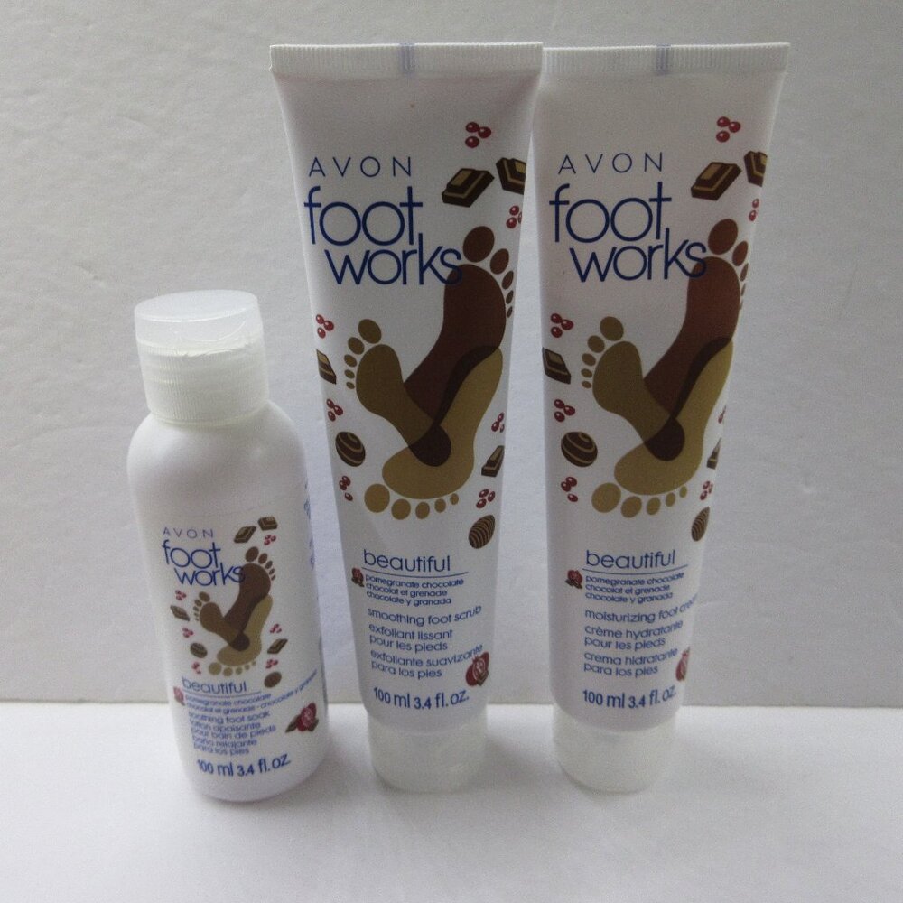 3 Avon Foot Works Pomegranate Chocolate Moisturizing Foot Scrub, Cream, Soak NEW
